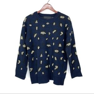 Kendall + Kylie Navy Blue Gold Black Leopard Print Crewneck Sweater Size Medium